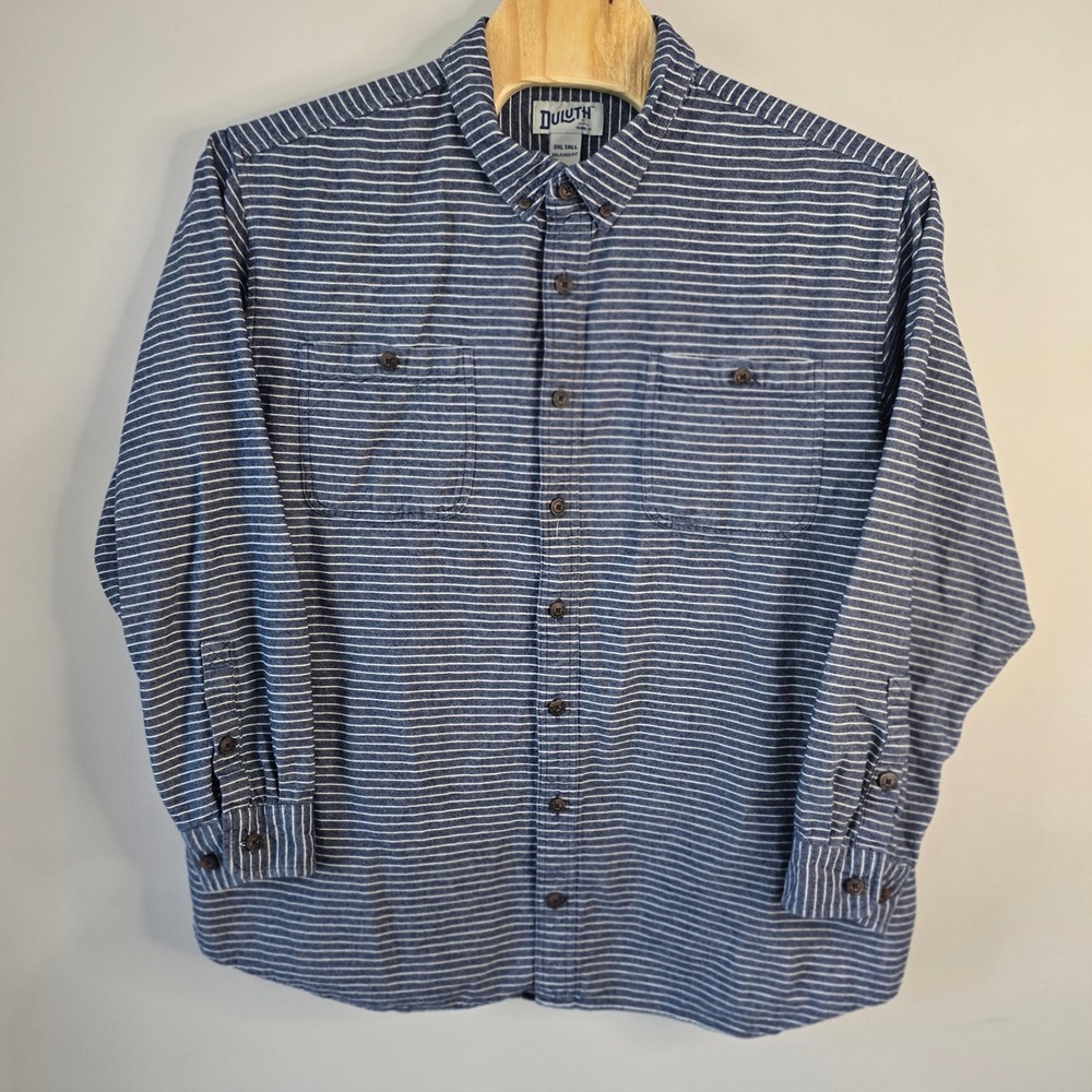 Duluth Trading Co. Mens 3XL Tall Blue Striped Relaxed Fit Cotton Flannel Shirt‎
